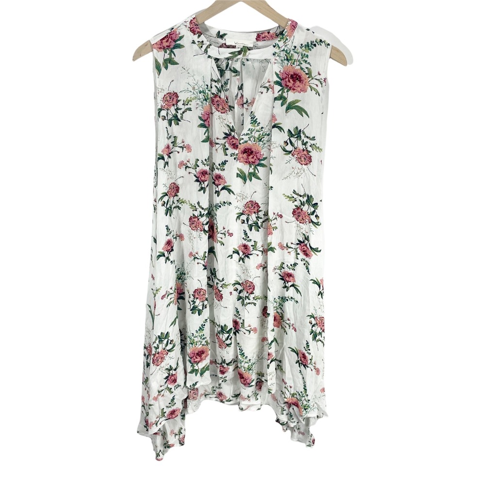 WinWin White Floral Sleeveless‎ Keyhole Neck Shift Dress Womens Sz M Sheer